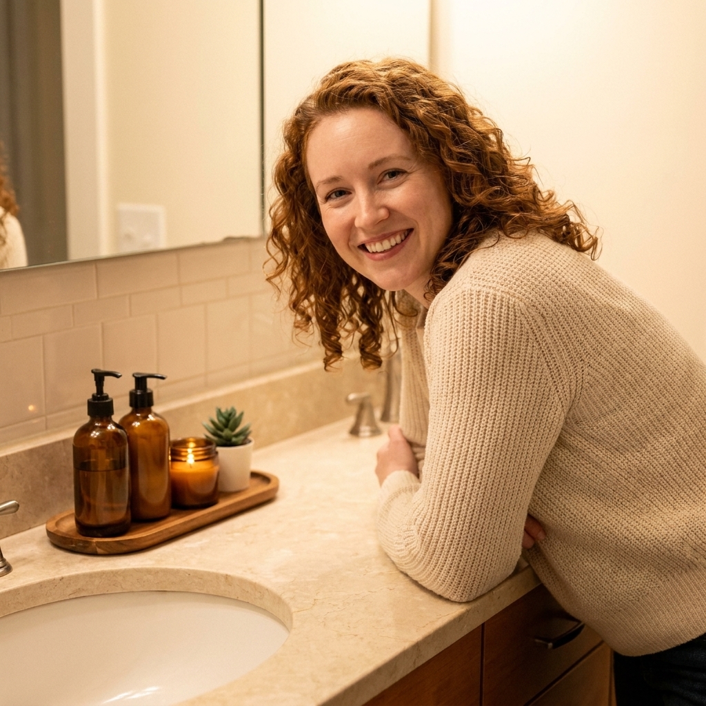A bathroom countertop styled with a small tray holding a soap dispenser, lotion bottle, candle, and a tiny plant beside a sink
