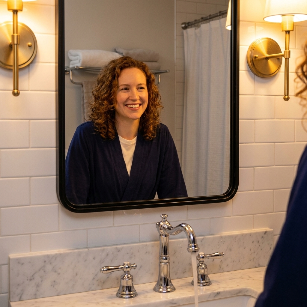 A bathroom vanity with a chrome widespread faucet, two brass wall sconces casting warm light, and a black framed mirror above white subway tile