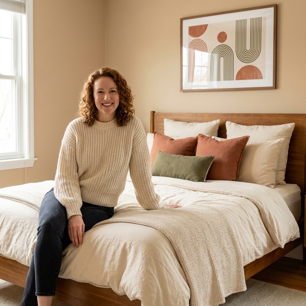 A bedroom with warm neutral walls, layered cream bedding, a medium-tone wood bed frame, and terracotta and olive accents in pillows and artwork