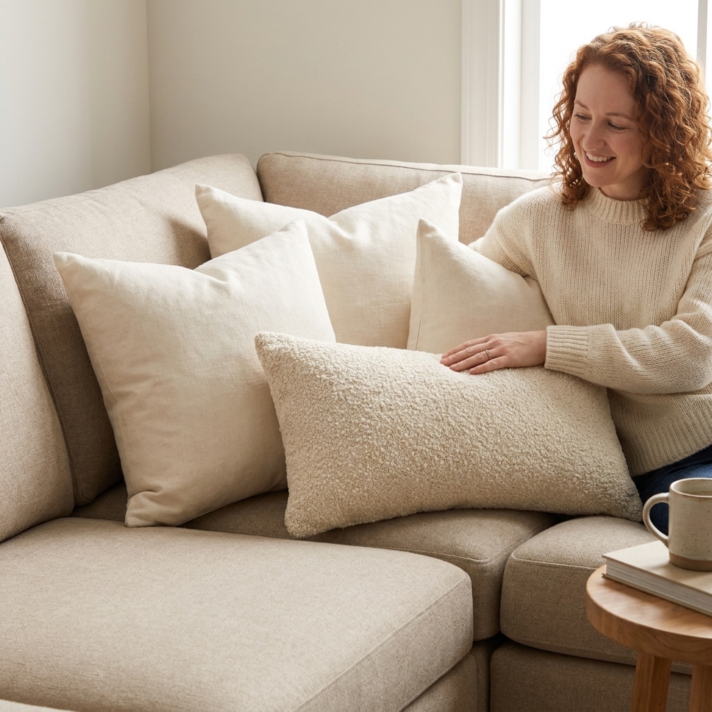 A beige sofa corner styled with cream linen throw pillows layered with a warm ivory boucle lumbar pillow.