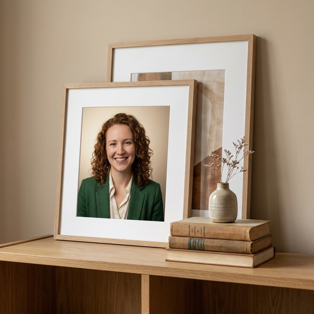 A bookshelf shelf with two framed artworks leaning against the back, partially overlapping, with a small horizontal stack of books and a petite vase placed in front