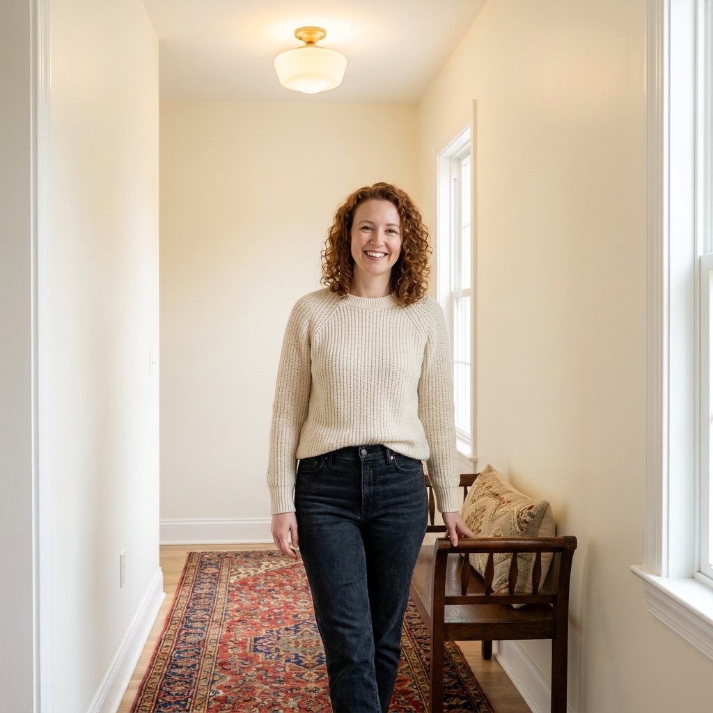 A bright entry hallway painted a creamy off-white with a vintage runner rug, a warm semi-flush ceiling light, and a small wooden bench with a throw pillow