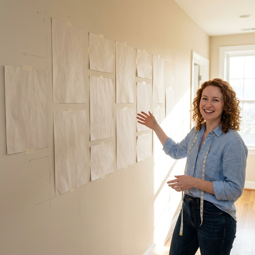 A bright hallway wall with multiple paper templates taped in place, showing a planned gallery wall arrangement with even spacing