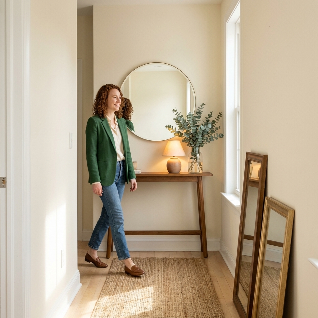 A bright hallway with a round mirror at the end above a narrow console table, styled with a small lamp and a vase of greenery