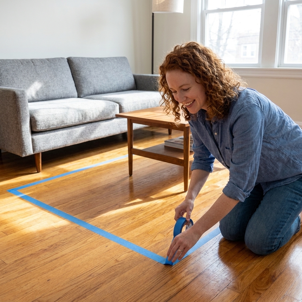 A bright living room floor with painter's tape marking a rectangle to test an area rug size in front of a sofa and coffee table