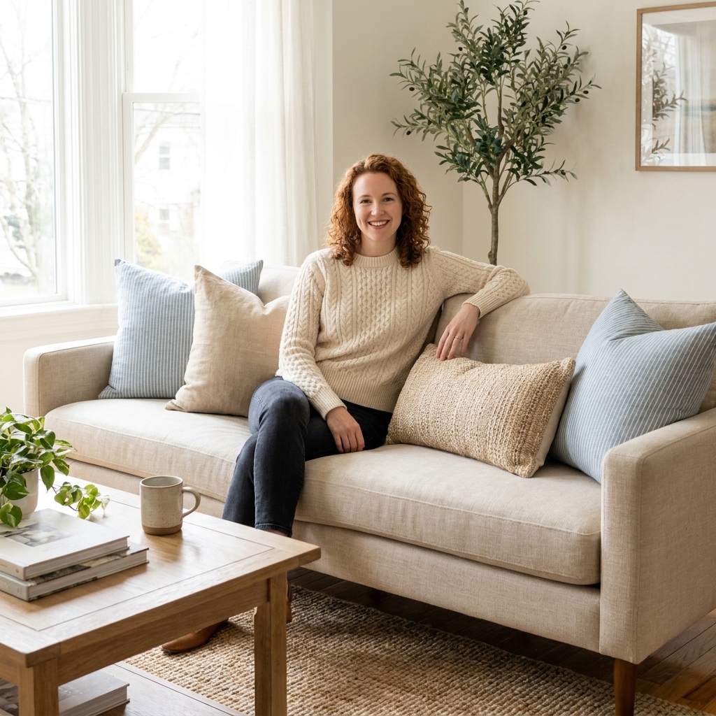 A bright living room with a beige sofa styled with soft blue striped pillows, sandy neutral pillows, and a woven lumbar pillow.