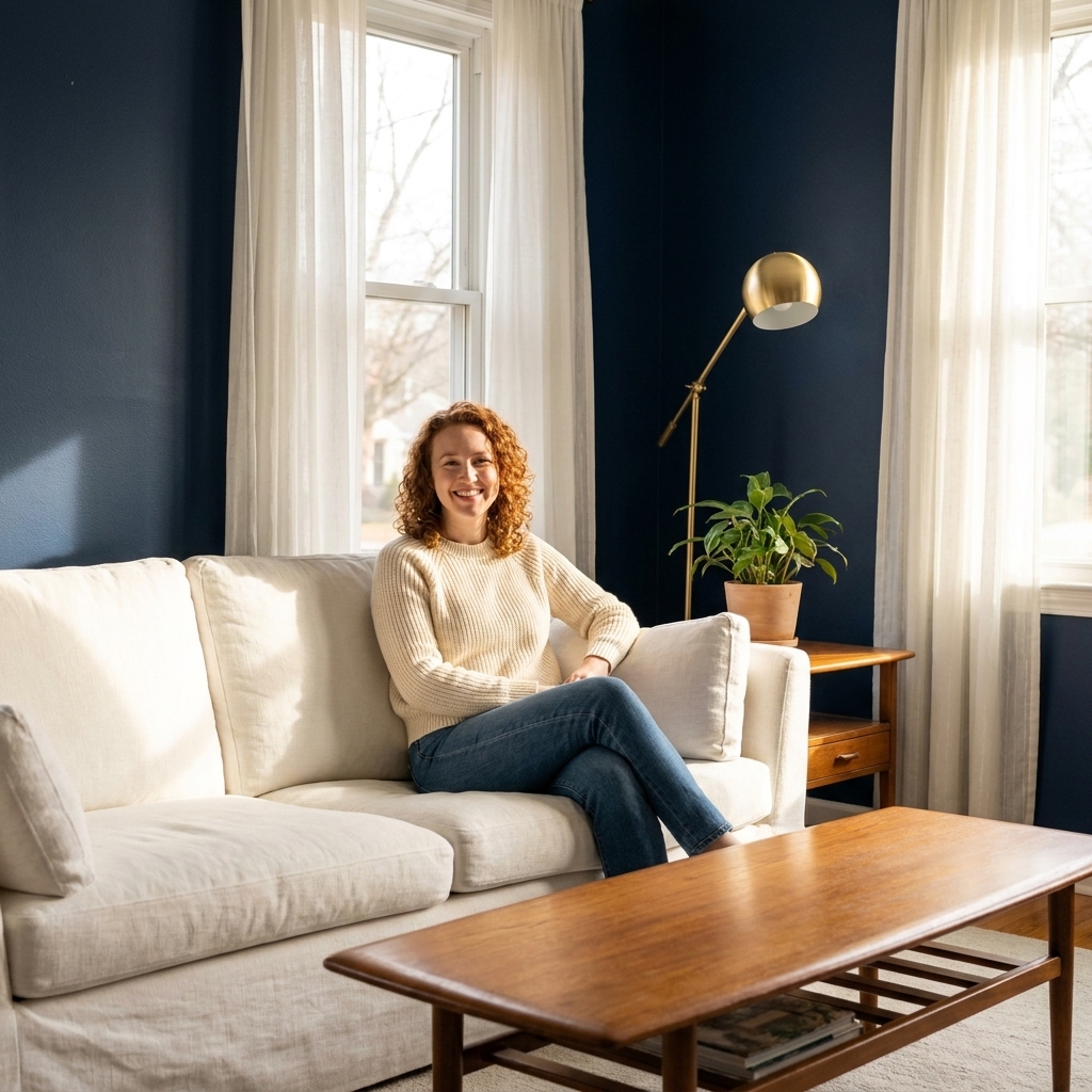 A bright living room with navy walls, a white sofa, warm wood furniture, and brass lighting with sunlight coming through sheer curtains