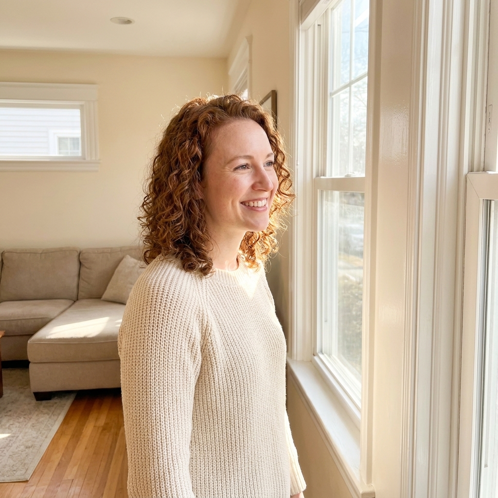 A bright living room with warm daylight where white painted baseboards and window trim have a subtle semi-gloss sheen, reflecting light more than the matte wall paint