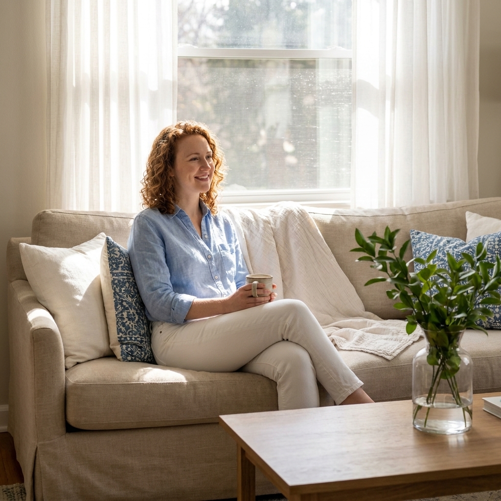 A bright summer living room with a neutral sofa styled with crisp white and blue pillows, a light cotton throw, a clear glass vase of leafy stems on a coffee table, and sunlight streaming through sheer curtains