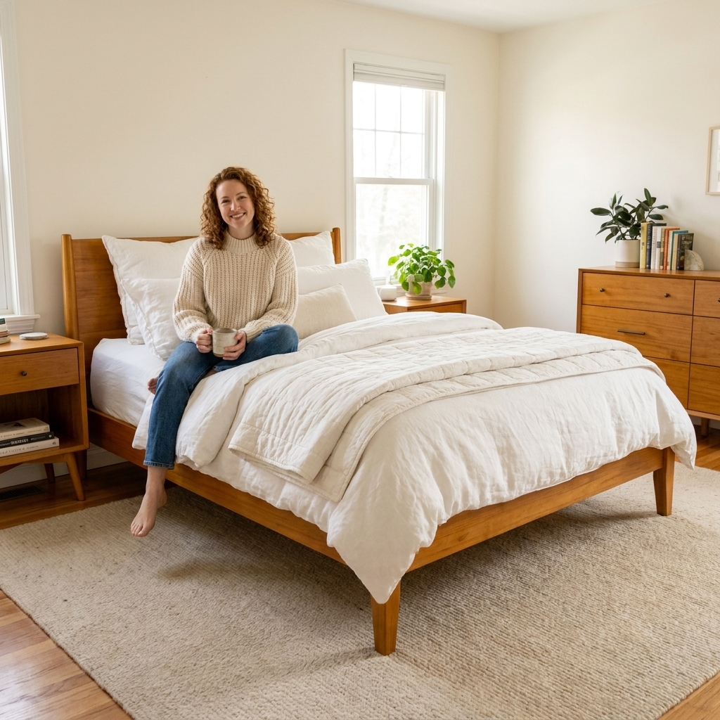 A bright yet cozy bedroom with creamy white walls, honey-toned wood furniture, layered white bedding, and a beige wool rug