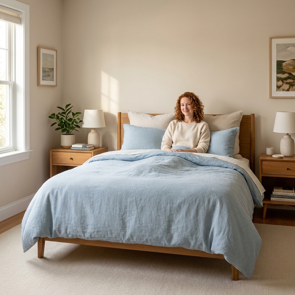 A calm bedroom with a queen bed centered between two nightstands, leaving clear walking space on both sides and at the foot of the bed
