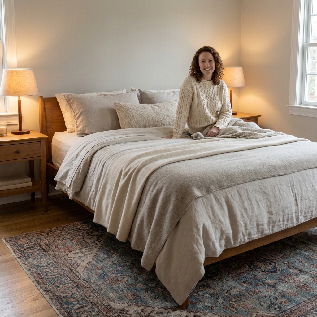 A calm bedroom with two nightstands, two warm bedside lamps, layered bedding in neutral tones, and a vintage rug partially under the bed
