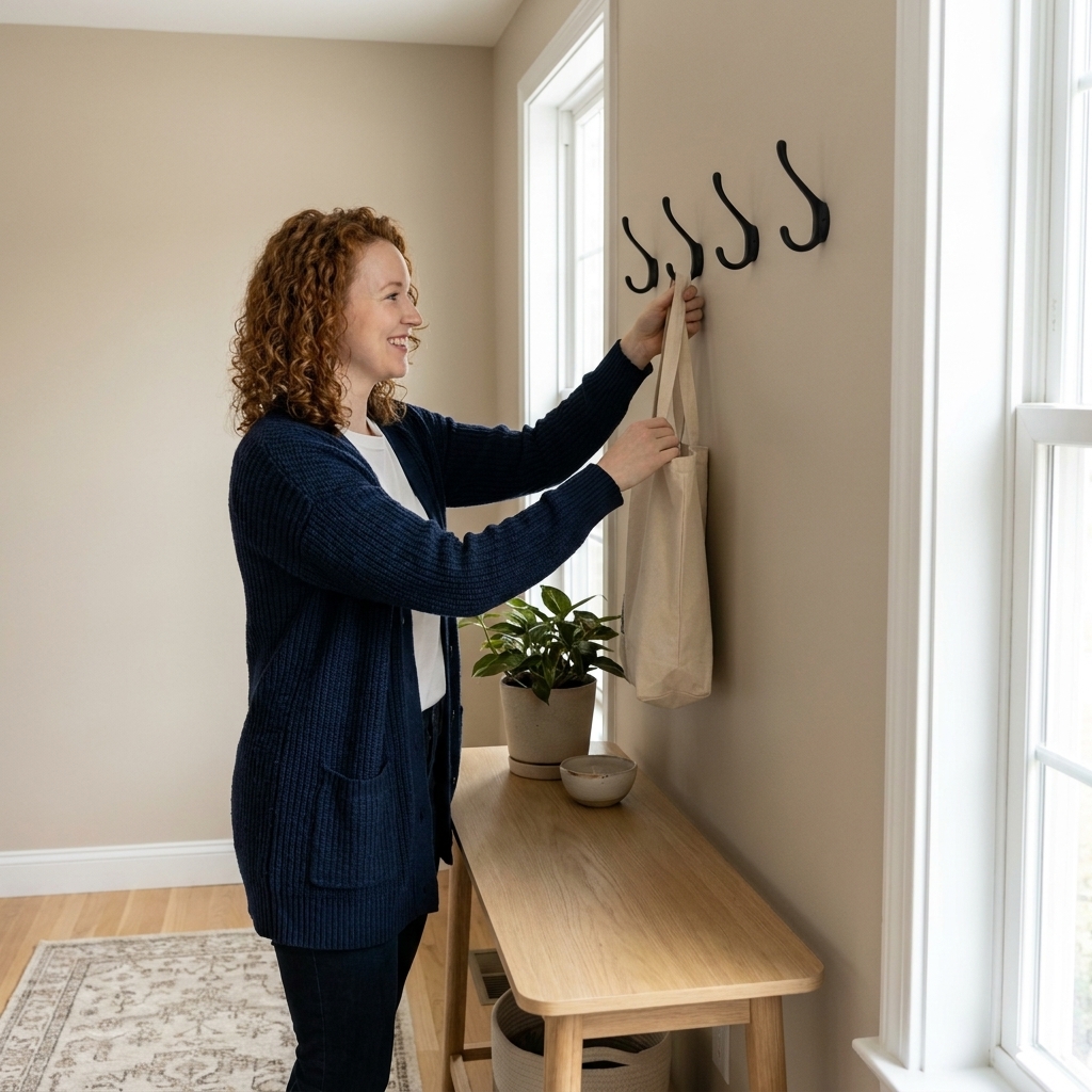 A calm foyer painted soft putty beige with matte black wall hooks, a light wood console table, and a neutral patterned rug