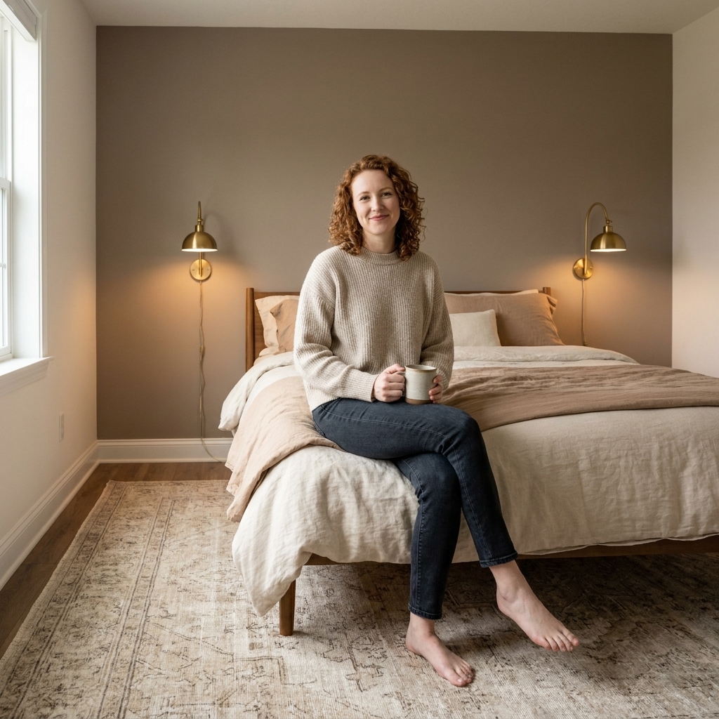 A calm modern bedroom with a warm taupe accent wall behind the bed, layered linen bedding, two matching bedside sconces, and a neutral vintage-style rug