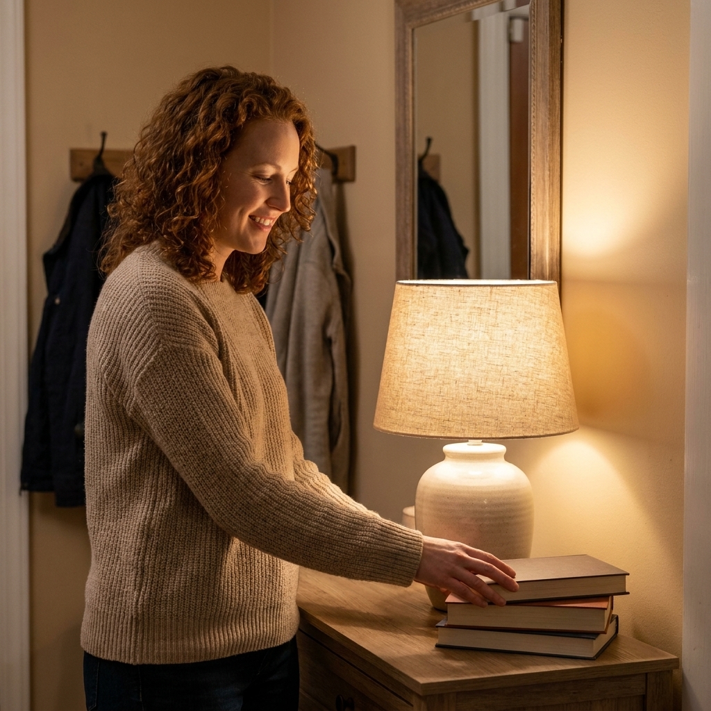 A ceramic table lamp with a linen shade glowing warmly on an entryway console table beside a small stack of books