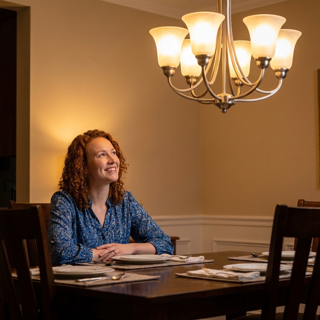 A chandelier with soft glowing bulbs centered over a dining table, with the bottom of the fixture hanging about 32 inches above the tabletop