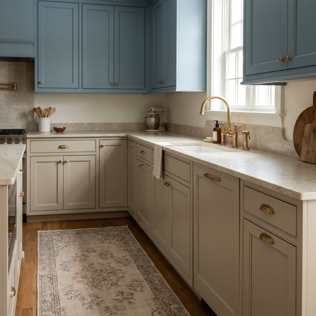 A charming kitchen with dusty blue upper cabinets and putty beige lower cabinets, a warm brass faucet, light stone counters, and a softly patterned vintage-style runner