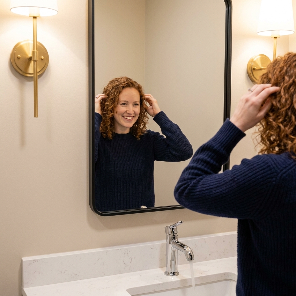 A clean bathroom vanity with a chrome faucet, a matte black framed mirror, and brass wall sconces flanking the mirror above a white countertop