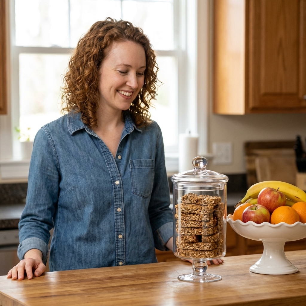 A clear glass jar with a lid holding neatly stacked snack bars on a kitchen counter, with a simple fruit bowl nearby