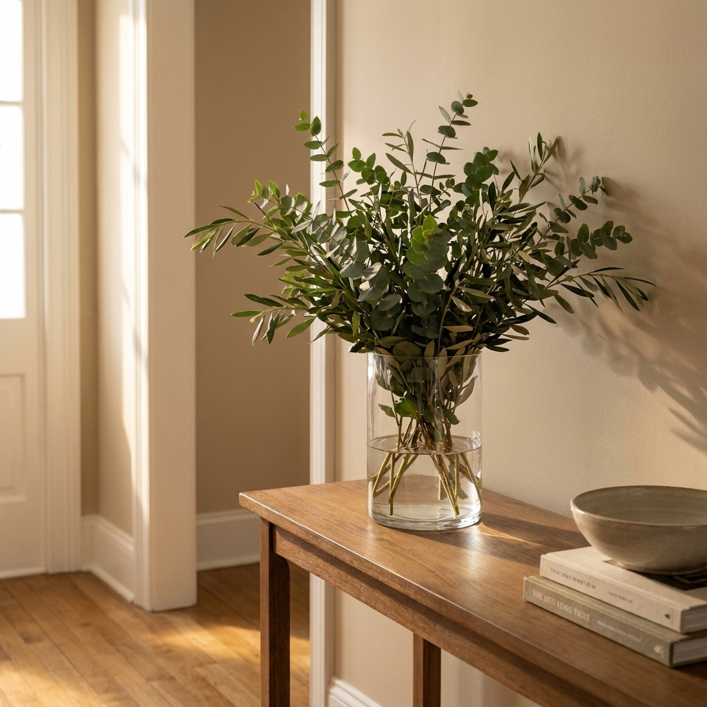 A clear glass vase filled with leafy green branches on a console table, with soft natural light coming from a nearby doorway