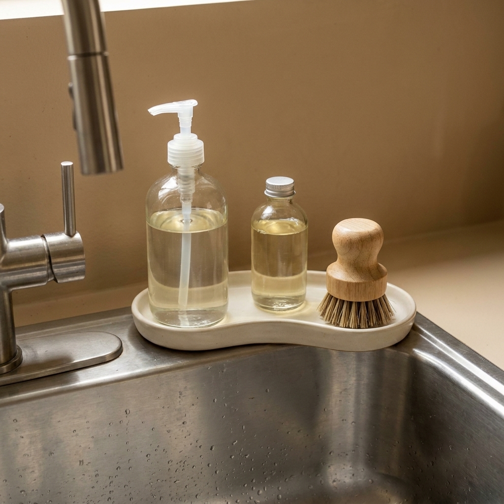 A close-up of a kitchen sink corner with a low ceramic tray holding hand soap, dish soap, and a wooden-handled scrub brush beside a stainless steel sink