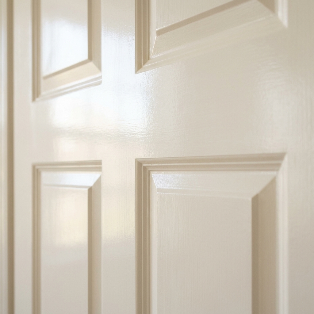 A close-up photograph of a painted interior door in off-white with a semi-gloss finish, showing a soft reflection from a nearby window and crisp detailing on the door panels
