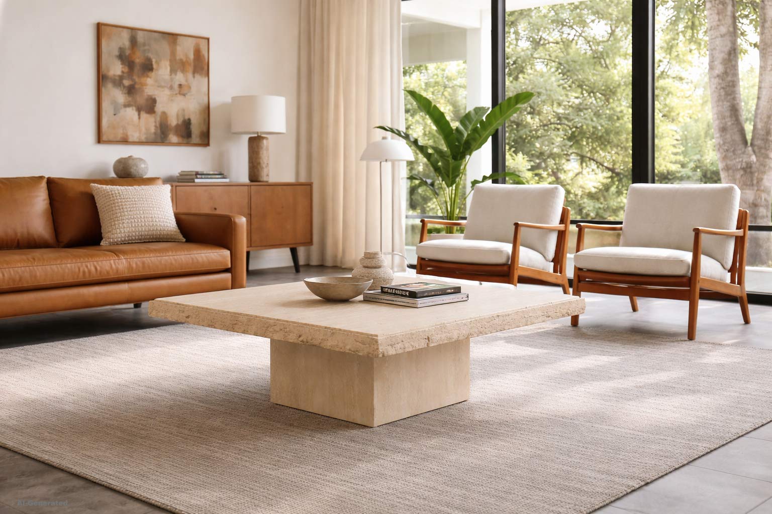 A close view of a travertine coffee table styled with a matte ceramic vase, a linen book stack, and a small brass candle holder