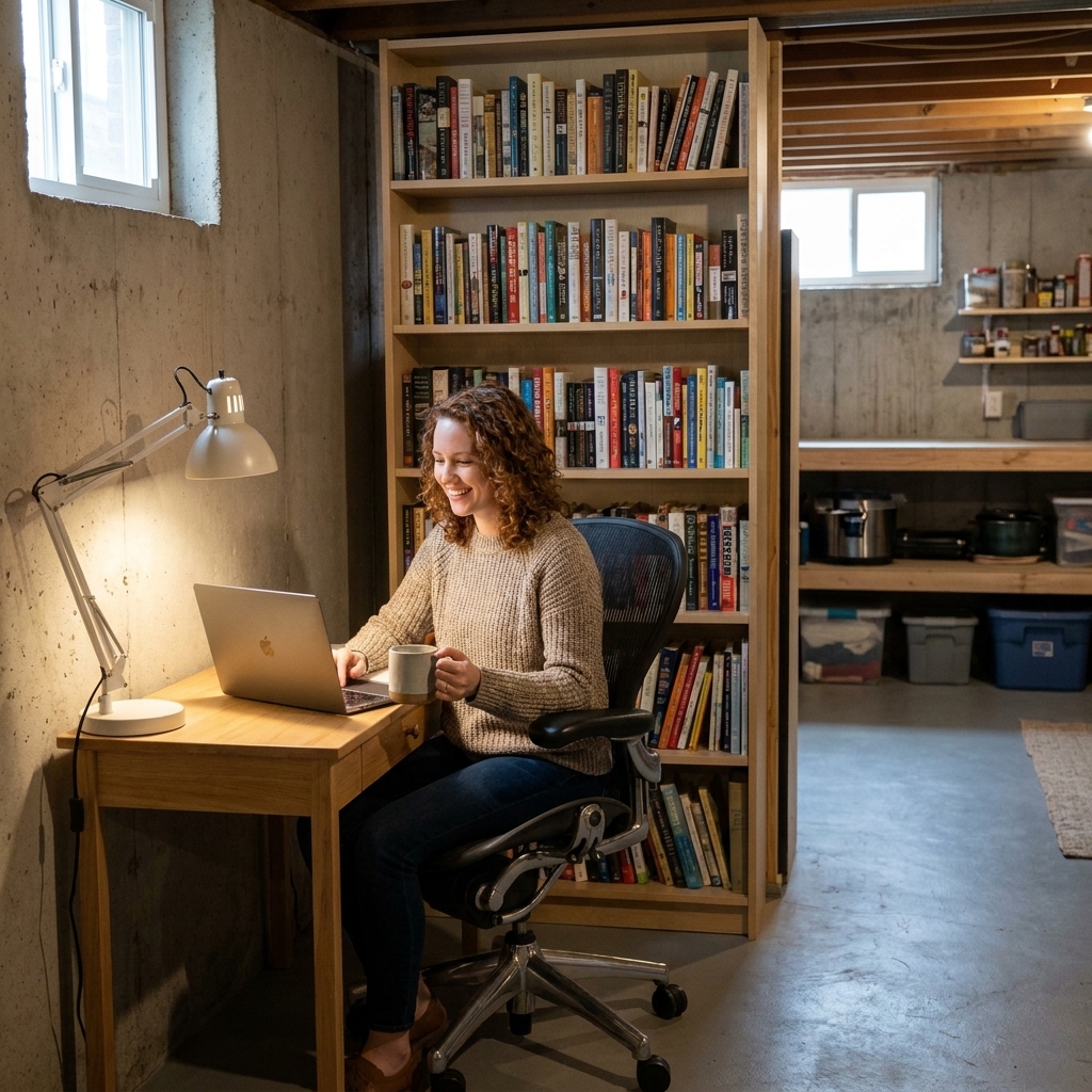 A compact basement home office zone with a small desk, ergonomic chair, task lamp, and wall-mounted shelves, visually separated from the rest of the basement by a tall open bookcase