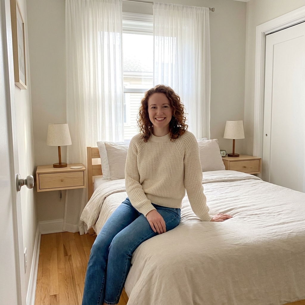A compact bedroom with a bed positioned slightly off the wall to keep a clear path to a closet, paired with light-looking nightstands and soft curtains