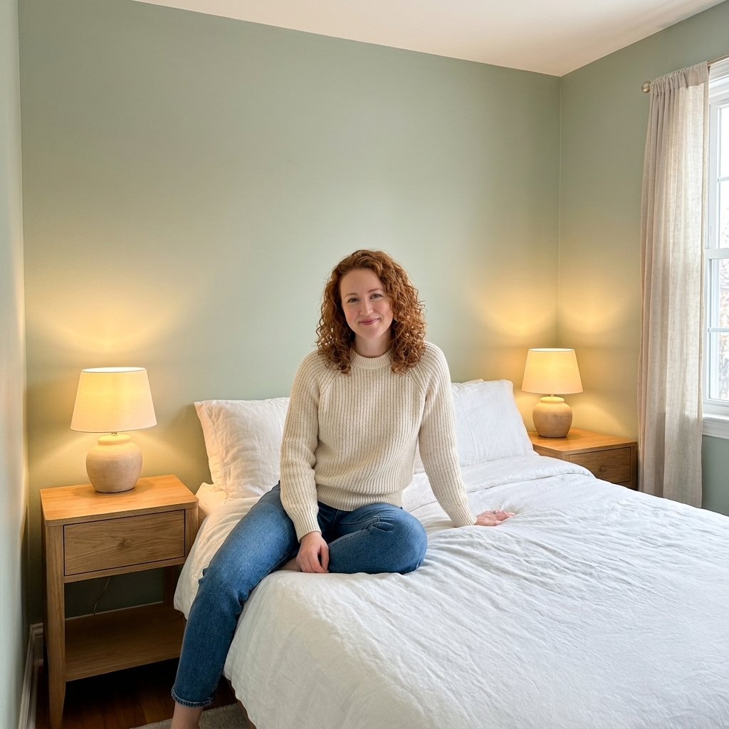 A compact bedroom with pale sage walls, white bedding, light oak nightstands, and warm bedside lamps creating a calm, open feel