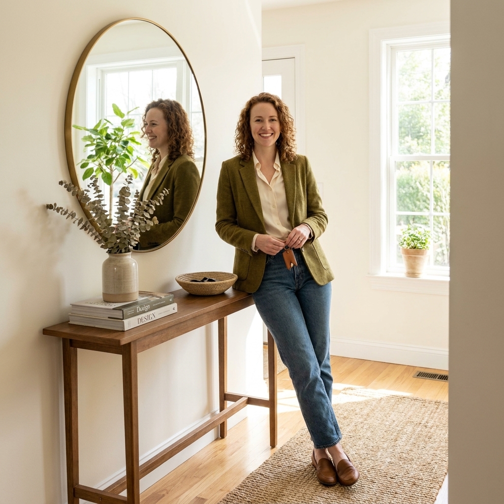 A compact entryway with a wood console table and an oval mirror hung above it, reflecting a bright nearby window