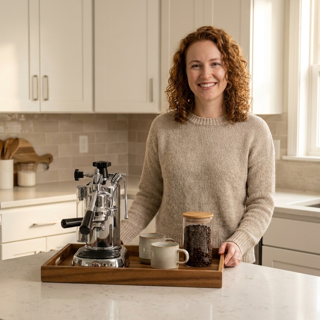 A compact espresso machine on a small tray in a tidy kitchen, with a couple of mugs and a canister nearby, leaving plenty of open counter space