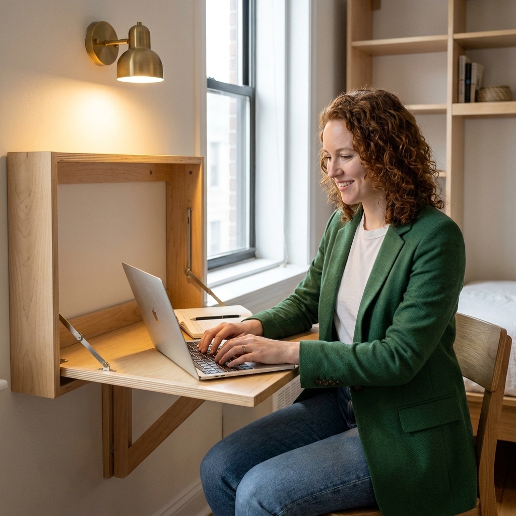 A compact fold-down wall desk open with a laptop and notebook, paired with a simple chair and a small wall sconce in a studio apartment