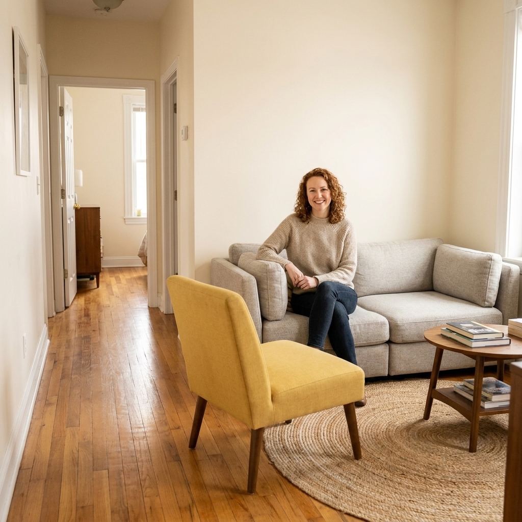 A compact living room with a small sectional and a single accent chair, leaving an open walkway along one side toward a doorway