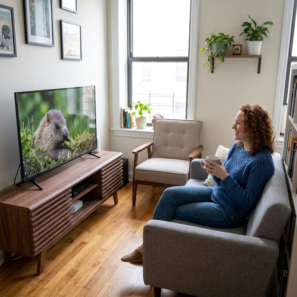 A compact living room with a sofa and chair oriented toward a single focal point wall with a TV and a low media console