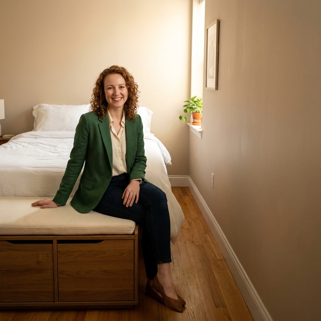 A compact primary bedroom with a low storage bench at the foot of a bed, leaving a clean wall opposite and an uncluttered walkway