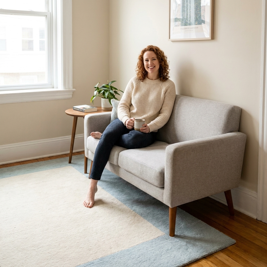 A compact sofa with visible legs in a narrow living room, paired with a small round side table and a light-colored rug that keeps the space airy