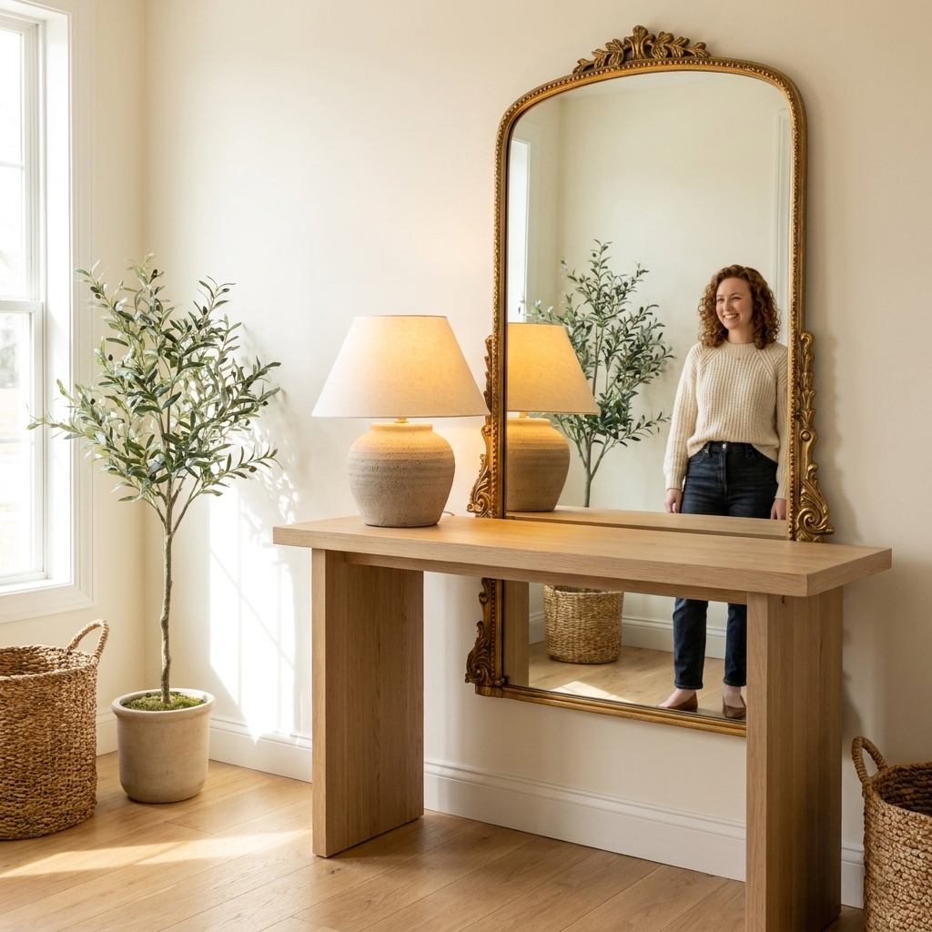 A console table with a ceramic table lamp placed in front of a framed mirror, creating a warm reflected glow across the entryway