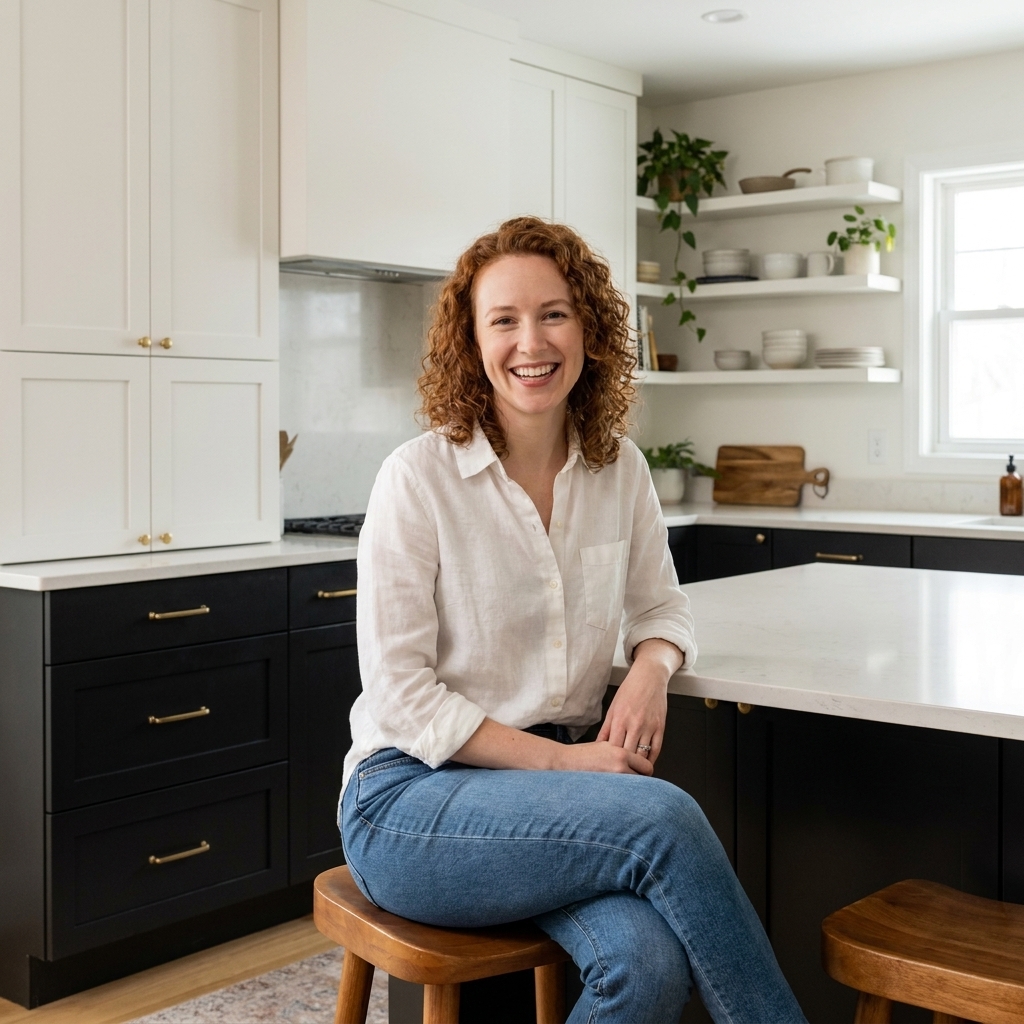 A contemporary kitchen with white upper cabinets and soft black lower cabinets, light countertops, a warm wood island stool, and minimal open shelving