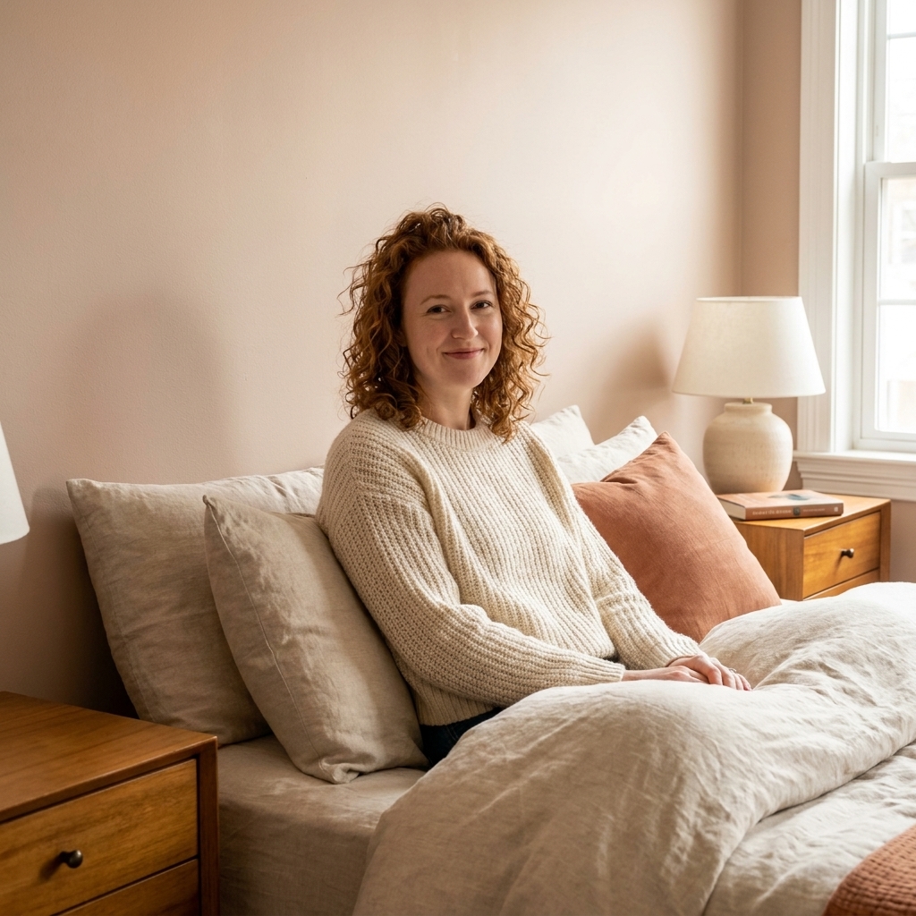 A cozy bedroom with blush-beige walls, natural linen bedding, a clay-toned accent pillow, and warm wood nightstands