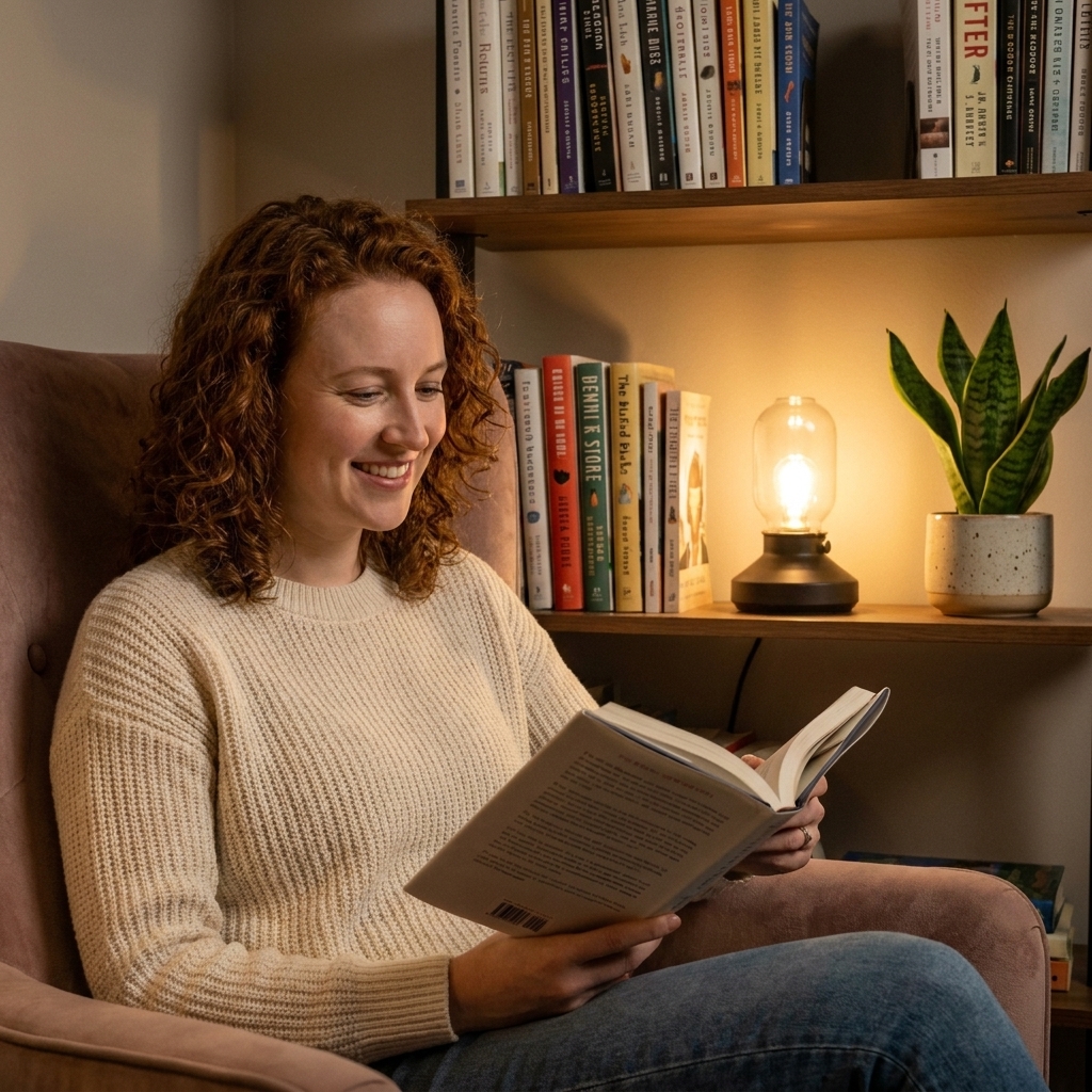 A cozy bookshelf shelf with a small warm-glow lamp, upright books, and a simple green plant in a ceramic pot creating a relaxed reading nook feeling