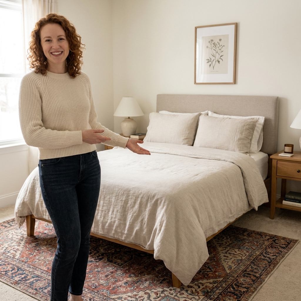 A cozy guest bedroom with a neutral bed, a patterned vintage-style rug under the bed, and a simple framed artwork above the headboard
