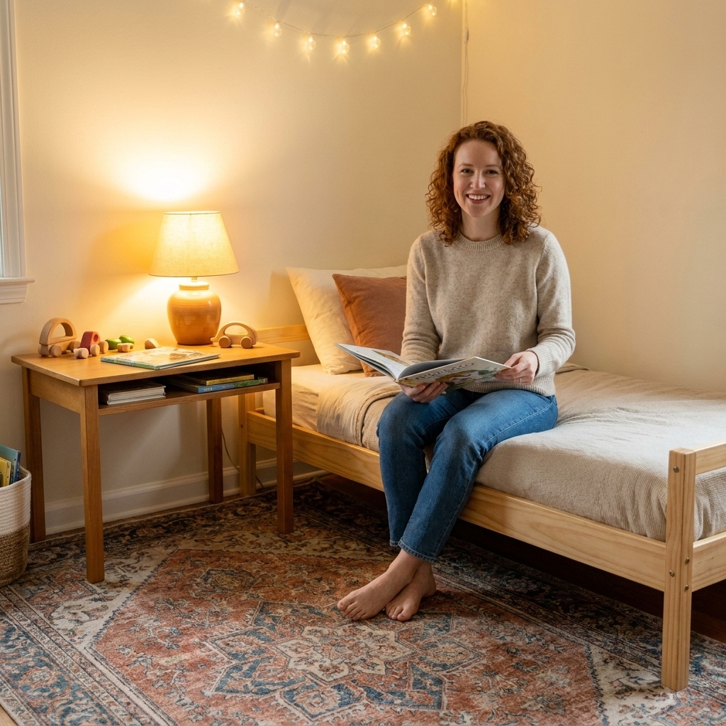 A cozy kids' room with a muted vintage rug in rust and blue tones under a simple bed and a small desk, with warm table lamp lighting