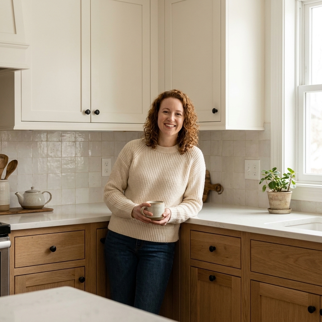 A cozy kitchen with warm white upper cabinets and natural white oak lower cabinets, simple black knobs, white countertops, and a pale zellige-style backsplash