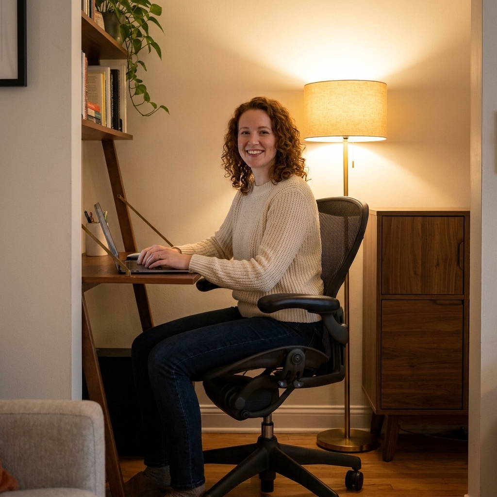 A cozy living room corner with a small desk and ergonomic chair, a closed storage cabinet nearby, and a warm floor lamp creating a defined office nook