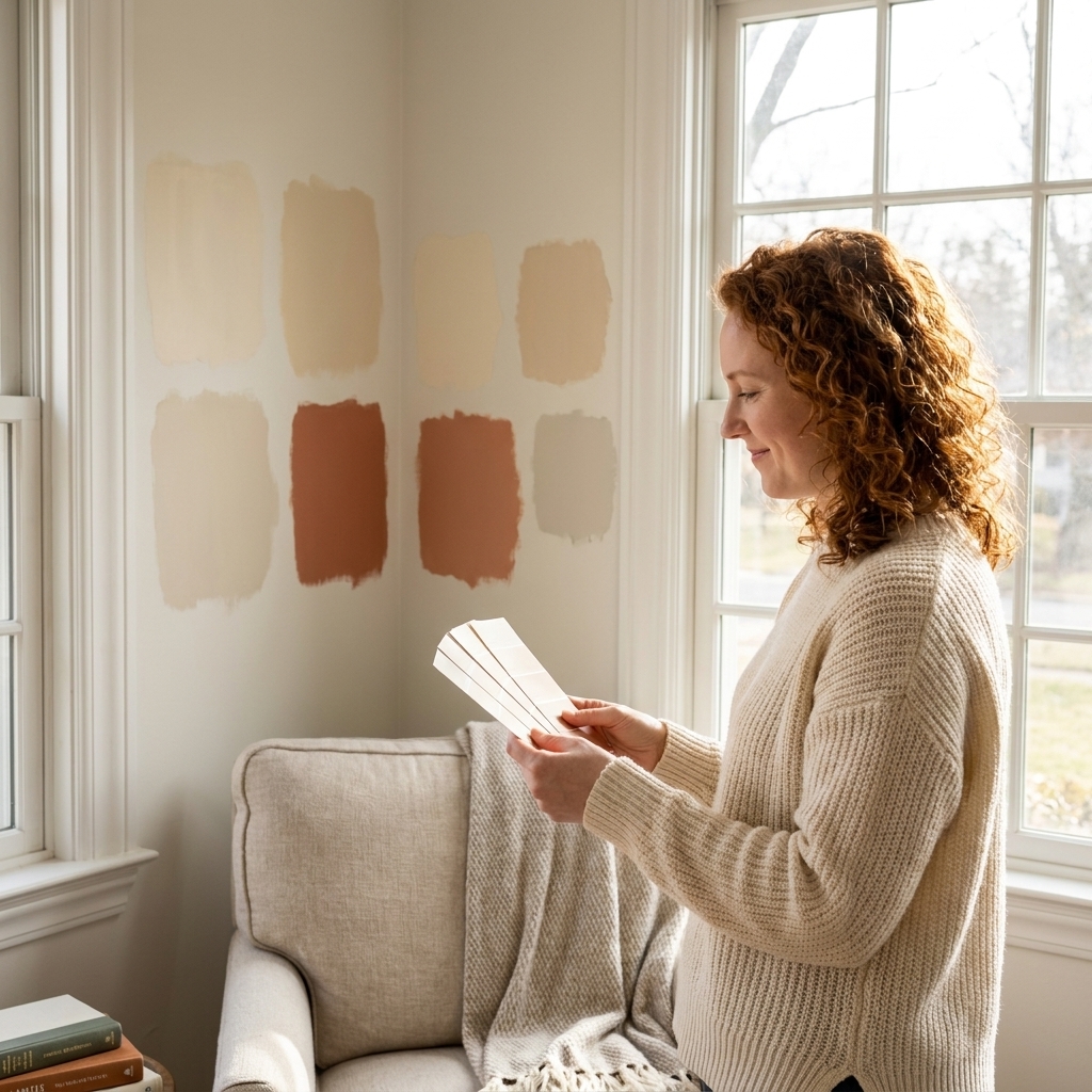 A cozy living room corner with painted wall samples next to a window, showing how daylight shifts the warmth of the colors