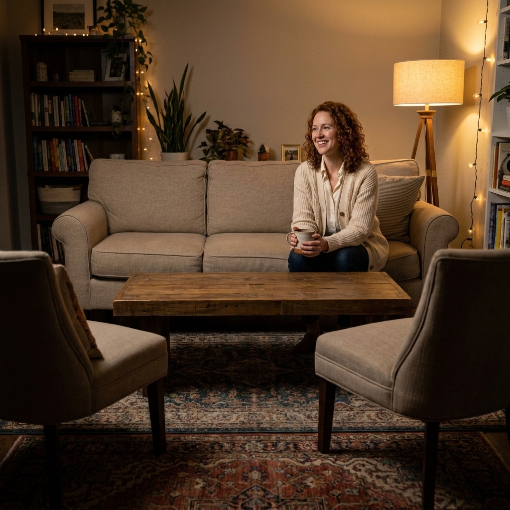 A cozy living room seating arrangement with a three-seat sofa facing two accent chairs across a coffee table, layered rugs, and warm ambient lighting