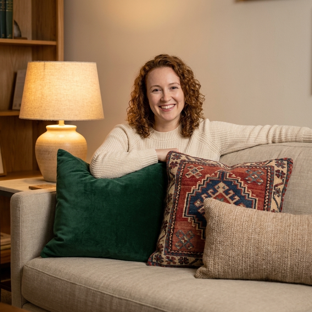A cozy living room sofa styled with emerald velvet pillows, a patterned accent pillow, and a warm neutral lumbar near a lamp.