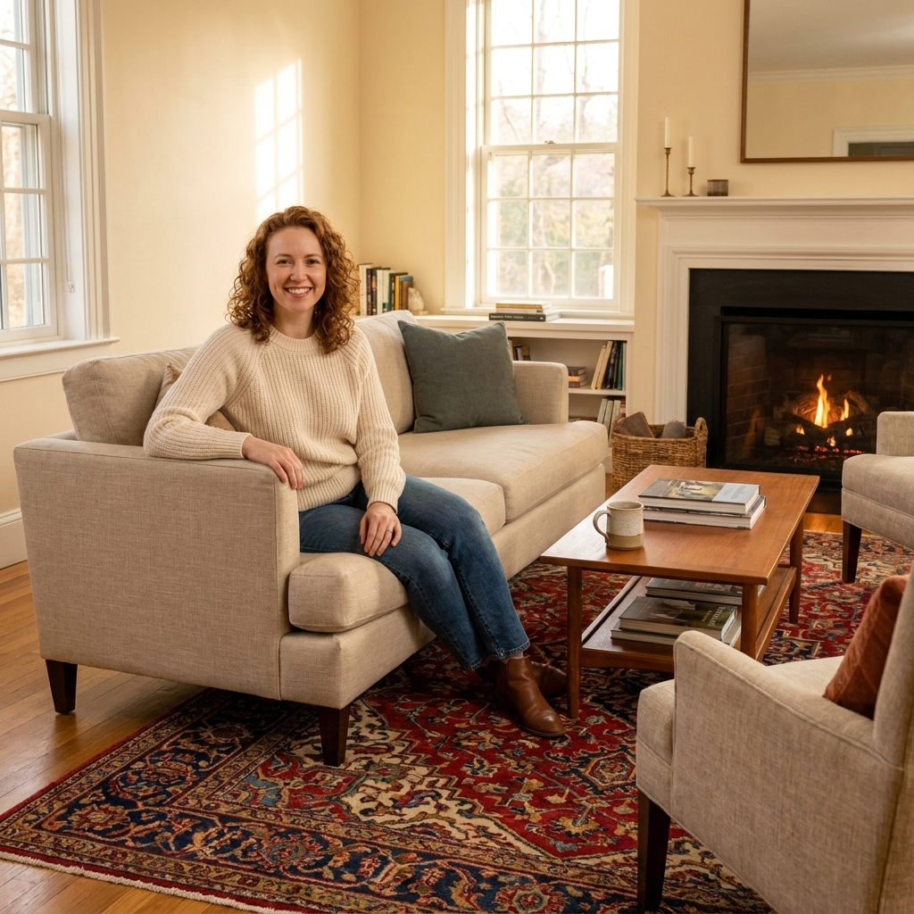 A cozy living room where the front legs of the sofa and accent chairs sit on a large rug, creating a grounded seating zone with clear walkways