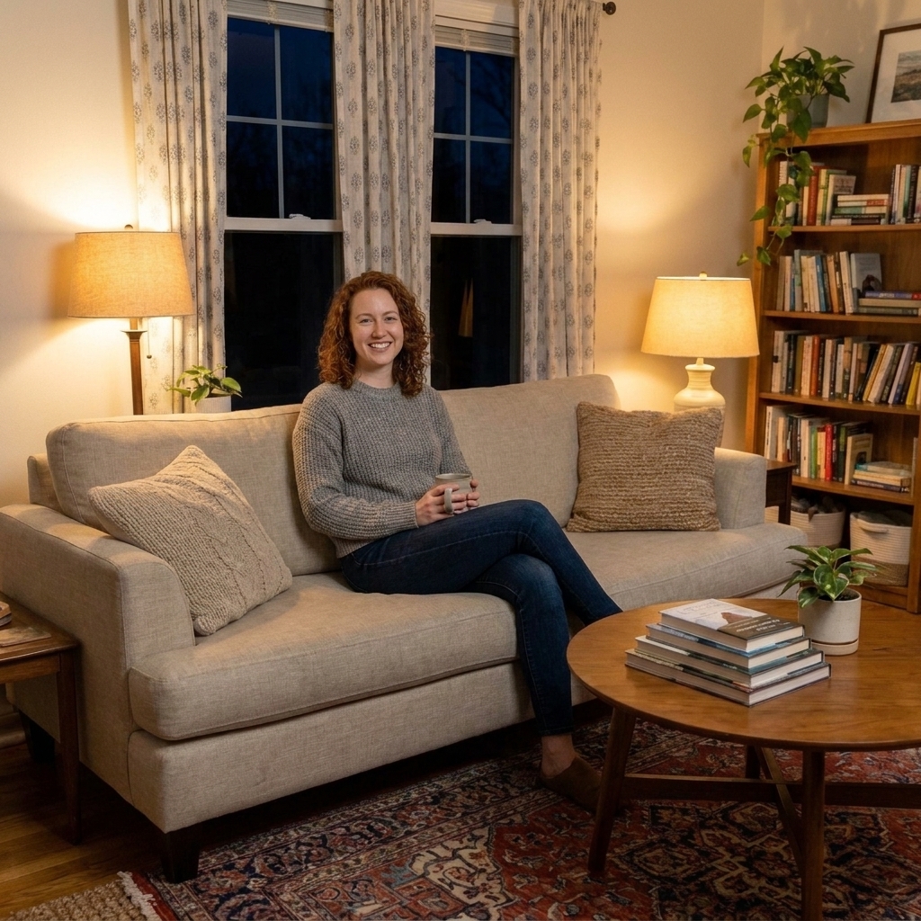 A cozy living room with a vintage patterned rug, a wooden coffee table stacked with books, a linen sofa with textured throw pillows, and warm lamp light creating a relaxed evening atmosphere.